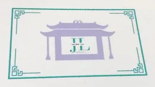 The keepsake box lid: a lilac pagoda with the JL in a teal frame